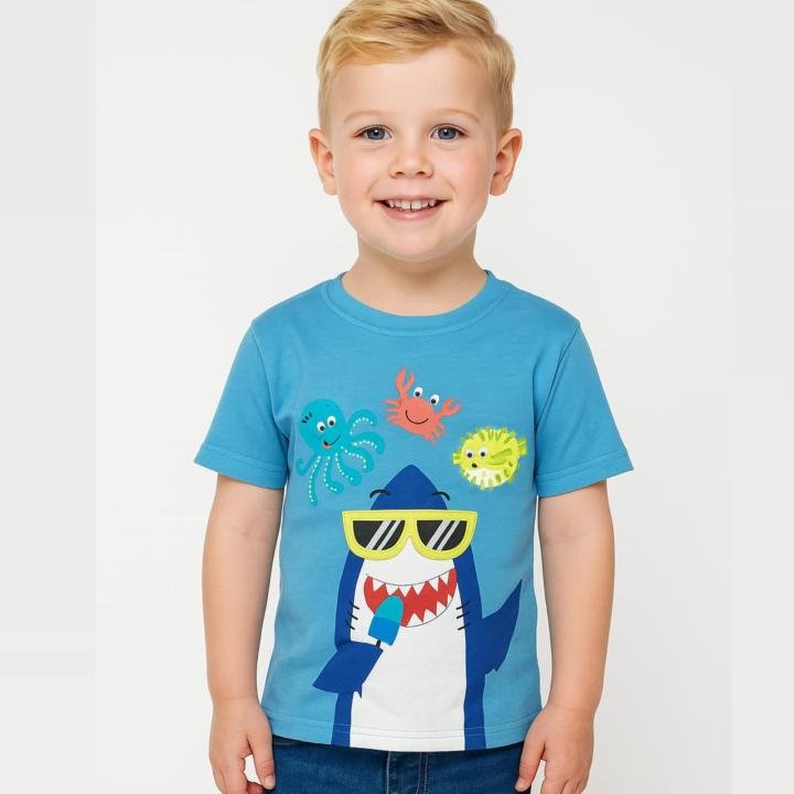 Boys Turquoise Blue Shark Print Pure Cotton T-shirt