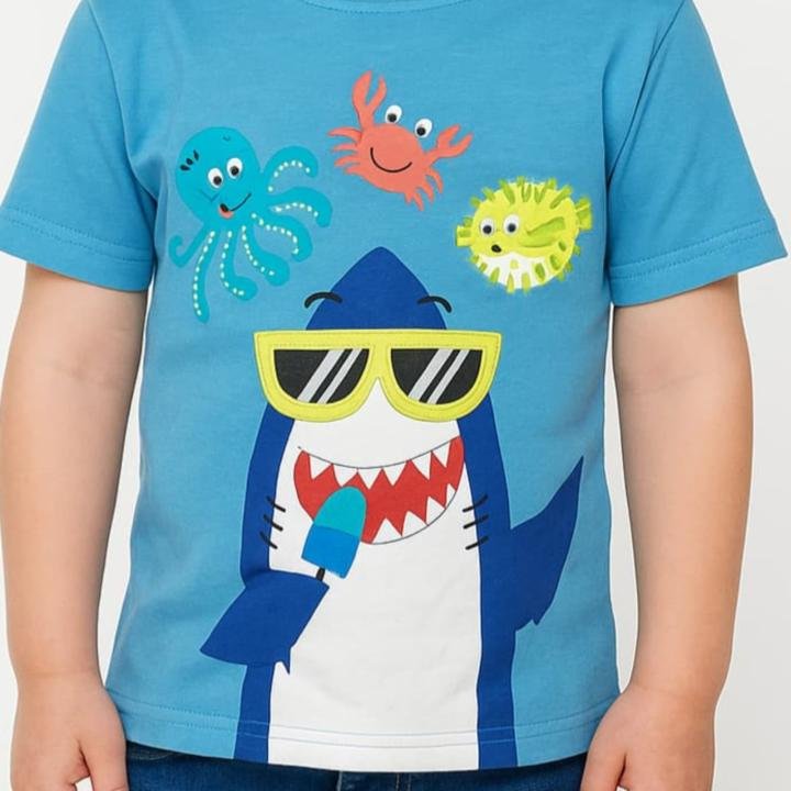 Boys Turquoise Blue Shark Print Pure Cotton T-shirt